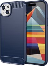 iPhone 15 Plus Hoesje - MobyDefend TPU Gelcase - Geborsteld Metaal + Carbonlook - Blauw - GSM Hoesje - Telefoonhoesje Geschikt Voor iPhone 15 Plus