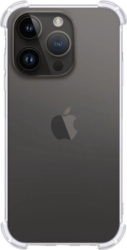 Transparante siliconen hoes met verstevigde hoeken, passend op een iPhone 15 Pro.
