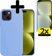 Hoesje Geschikt voor iPhone 15 Hoesje Siliconen Case Met 2x Screenprotector - Hoes Geschikt voor iPhone 15 Hoes Siliconen - Lichtblauw.
