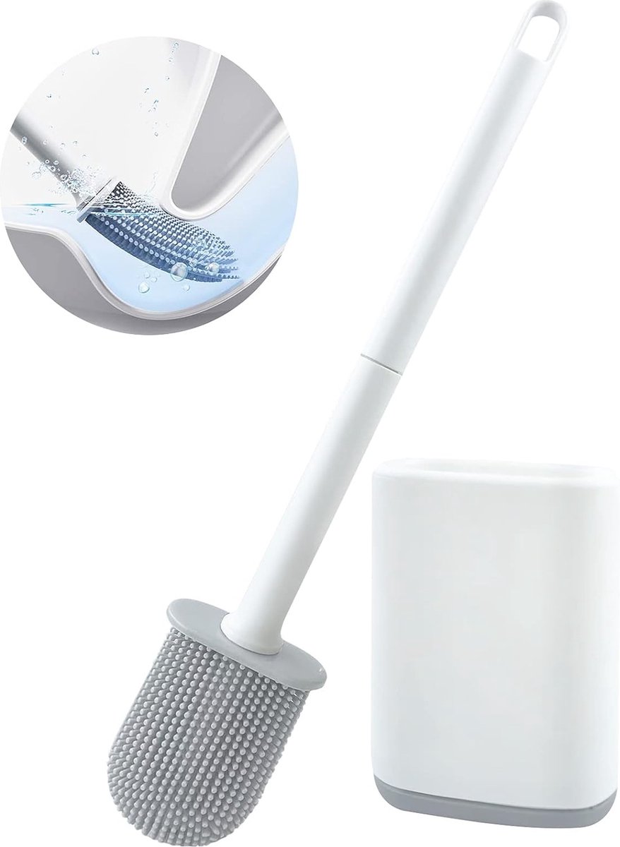 Siliconen Toiletborstel met toiletborstelhouder set - Wit - Zelfklevende wandmontage - Voor wc of badkamer