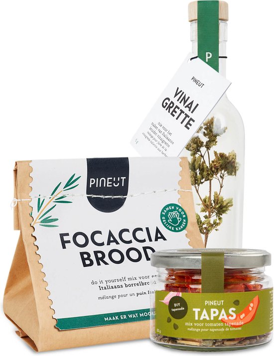 Pineut ® Borrelplank Pakket Tapas - Italiaans Borrelpakket - Focaccia, Tapenade & Vinaigrette - Verwenbox Borrel - Geschenkpakket Borrelhapjes - Gezellig Genieten