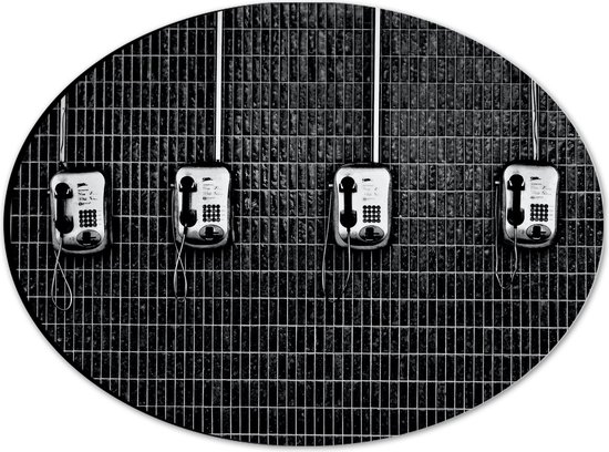 Dibond Ovaal - Rij Ouderwetse Vaste Telefoonaansluitingen (Zwart-wit) - 28x21 cm Foto op Ovaal (Met Ophangsysteem)