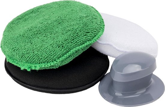 Set Turtle Wax poetspads met een groene, witte en zwarte pad en een grijze handgreep.