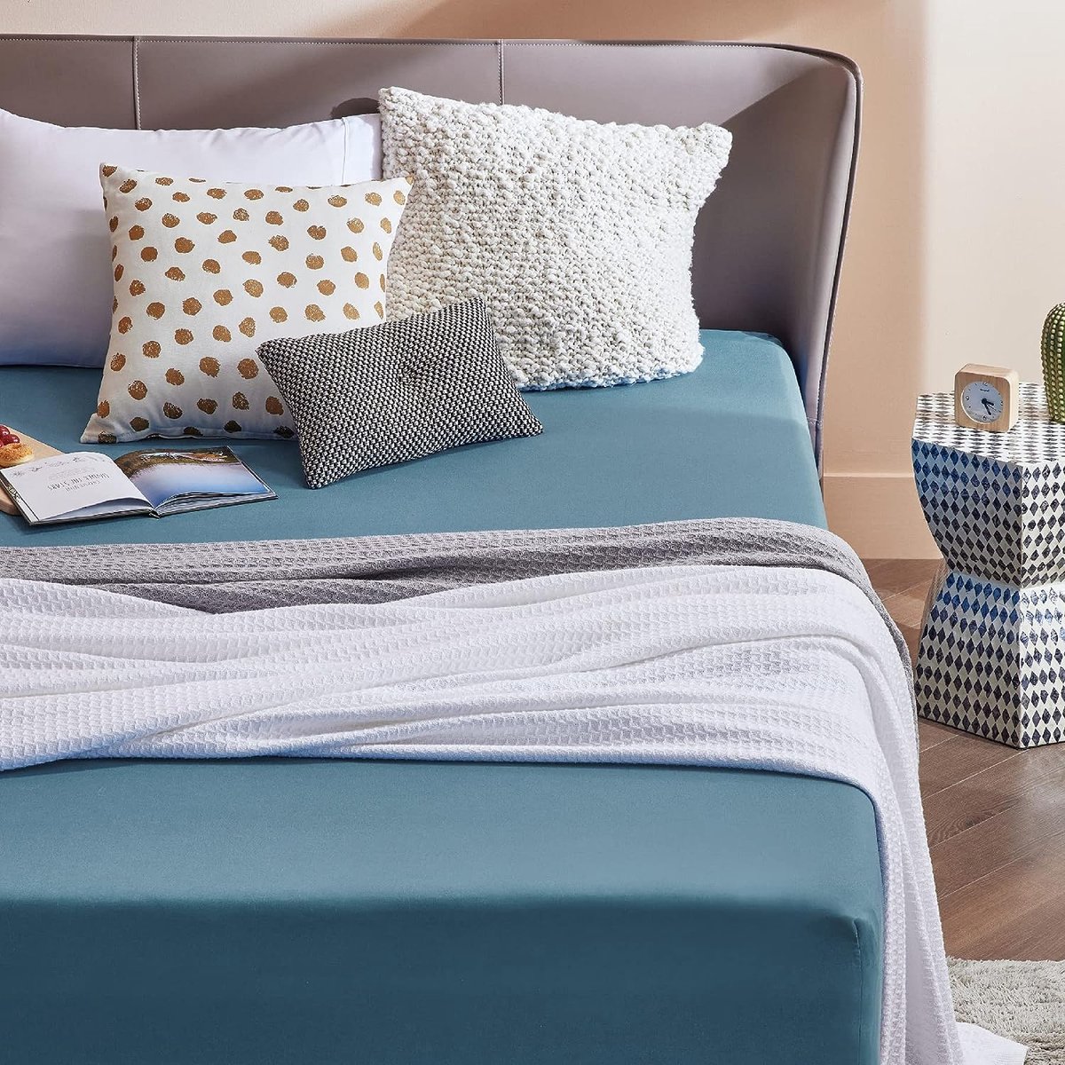 Bedsure Hoeslaken 160 x 200 cm lichtblauw, microvezel lakens 160x200cm voor matras tot 30 cm hoog, hoeslaken linnen doek voor boxspringbed