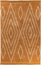 Hoogpoll tapijt shaggy katoen moderne boho-look voor slaapkamer met discrete patroon en franjes in oker geldbeige, afmeting 120 x 170 cm