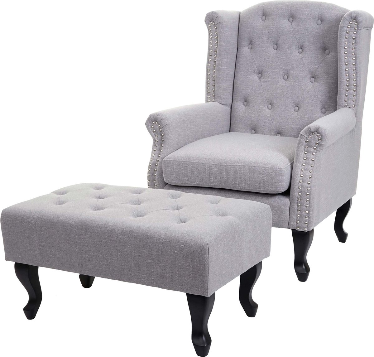 MCW Fauteuil Chesterfield, relaxfauteuil Clubfauteuil Oorfauteuil, waterafstotende stof/textiel ~ grijs met voetenbank