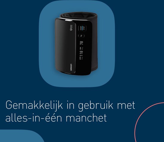 Zwarte OMRON EVOLV bloeddrukmeter met een alles-in-één manchet, en de tekst 'Gemakkelijk in gebruik met alles-in-één manchet'.
