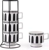 Set koffiekopjes, bevat 4 x 320 ml porseleinen koffiekopjes + 1 x 304 voedselveilige ijzeren standaard, herbruikbare keramische koffiekopjes, modern, BPA-vrij, koffiekopjes, set zwart en wit
