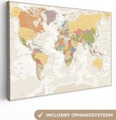 Canvas Wereldkaart - 90x60 - Wanddecoratie Wereldkaart - Retro - Kleuren - Educatief - Staatkundig