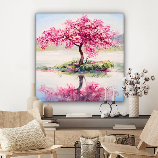 Toile - Arbre fleuri - Sakura - Peinture à l'huile - Water - Nature - 90x90 cm - Peintures sur toile - Toile canvas - Décoration murale