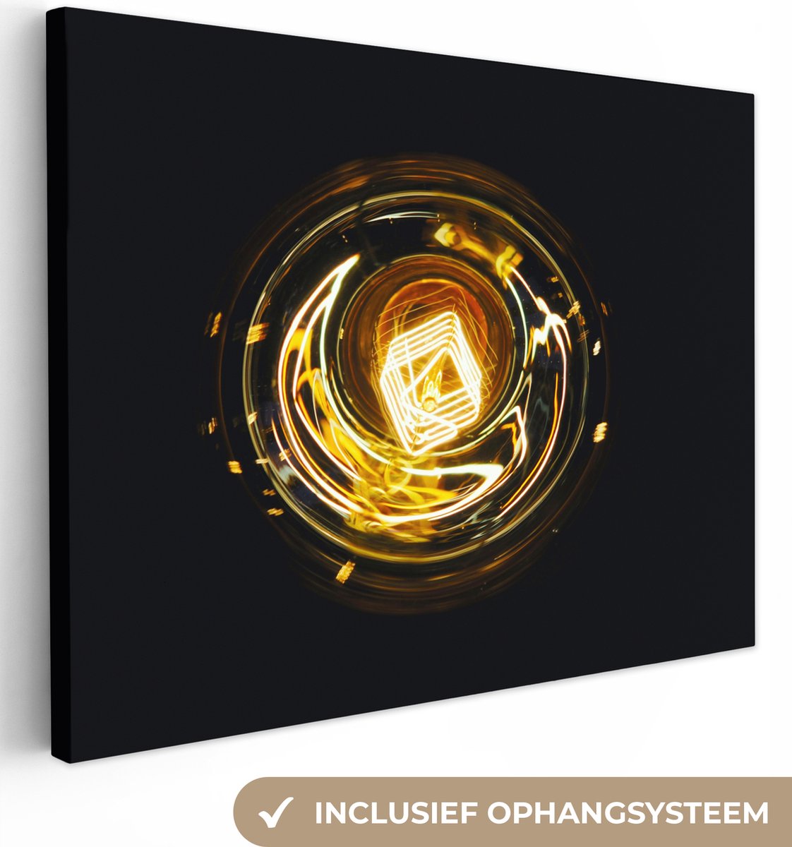 Canvas schilderij 80x60 cm - Wanddecoratie Gloeilamp - Goud - Zwart - Luxe - Muurdecoratie