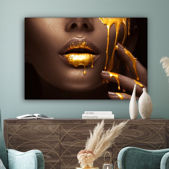 Tableau sur toile - Lèvres or 120x80 - Accessoires de décoration de chambre - Tableaux dorés femme salon - Décoration murale chambre - Décoration murale cuisine - Décoration murale - Tissu mural intérieur - Décoration maison - Accessoires de maison