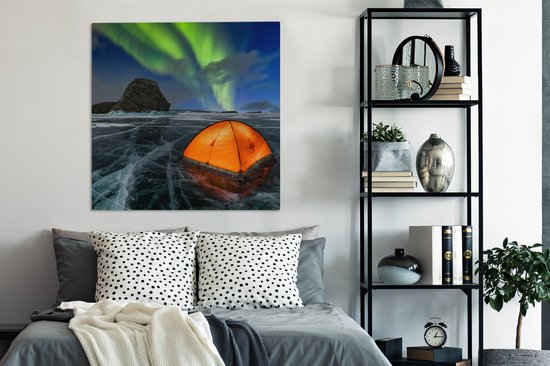 Tableau sur toile Aurores Boréales - Tente - Glace - Scandinavie - 90x90 cm - Décoration murale