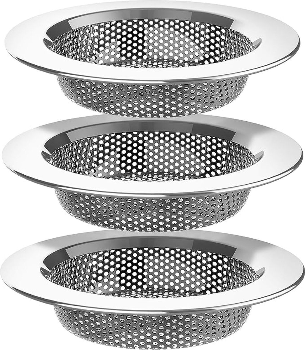 Goedkoopste Luxe RVS gootsteen - 3 pack - zeef Ø113 - 73mm - gootsteenstop - afvoerzeef - korfplug - gootsteenbakje