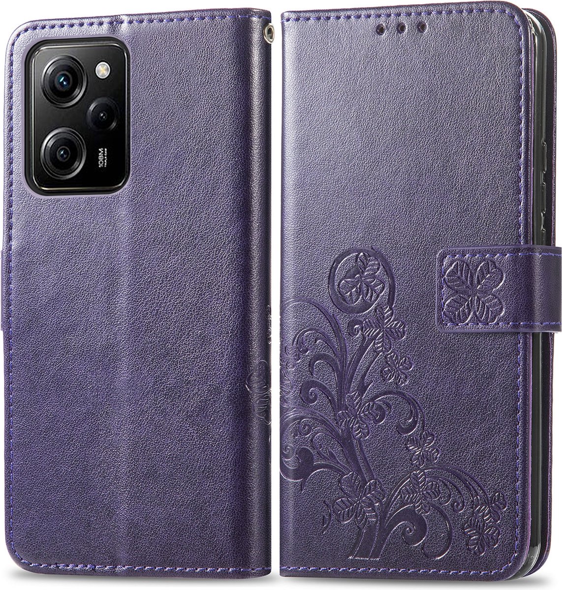 Mobigear Telefoonhoesje geschikt voor POCO X5 Pro Hoesje | Mobigear Clover Bookcase Portemonnee | Pasjeshouder voor 3 Pasjes | Telefoonhoesje voor Pinpas / OV Kaart / Rijbewijs - Paars