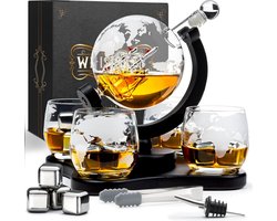Whisiskey Whiskey Karaf - Wereldbol - Whisky Karaf Set - Whiskey Set - 0,9 L - Decanteer Karaf - Incl. 4 RVS Whiskey Stones, Schenktuit en 4 Whiskey Glazen - Peaky Blinders