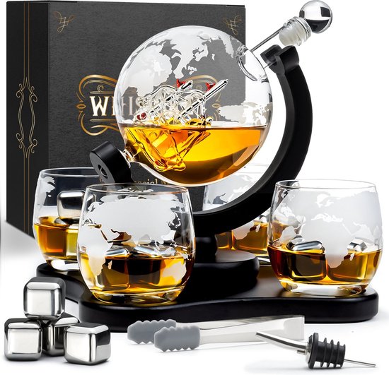 Whisiskey Whiskey Karaf - Wereldbol - Whisky Karaf Set - Whiskey Set - 0,9 L - Decanteer Karaf - Incl. 4 RVS Whiskey Stones, Schenktuit en 4 Whiskey Glazen - Peaky Blinders - Cadeau - Whisiskey