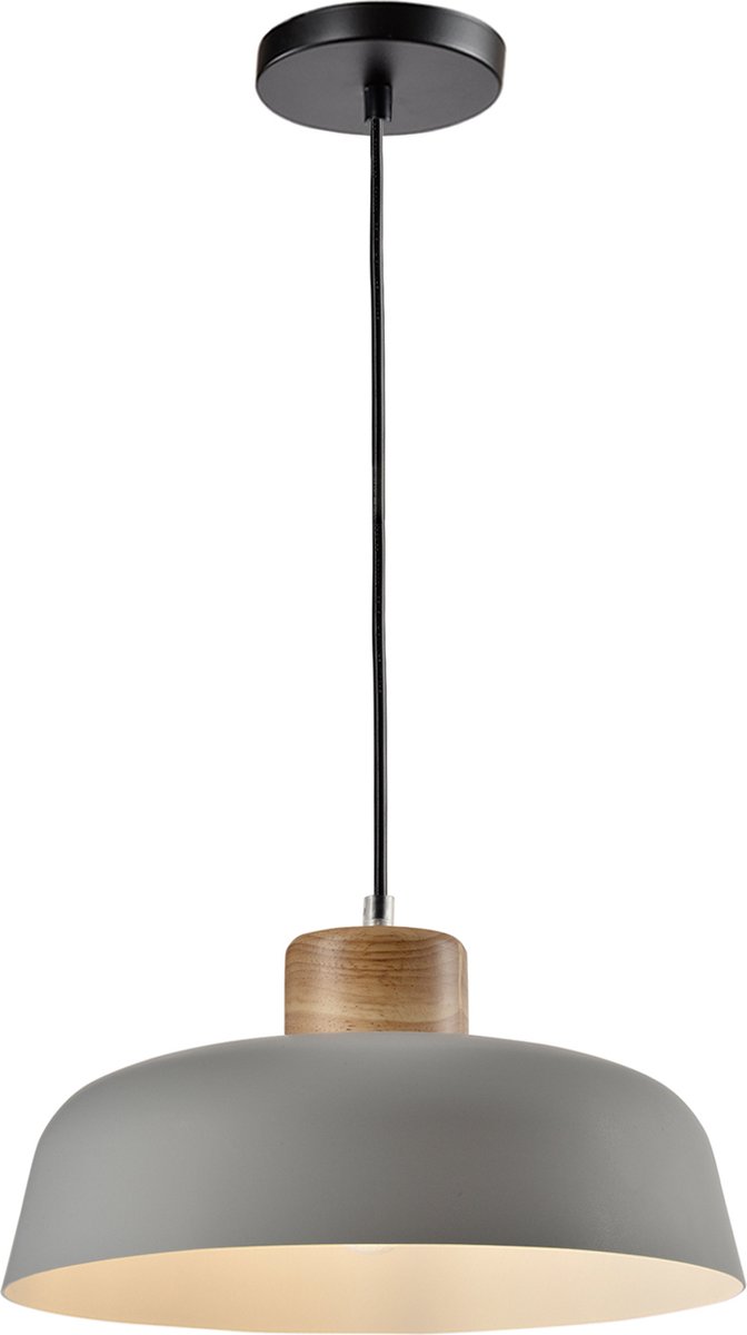 QUVIO Hanglamp Scandinavisch / Plafondlamp / Sfeerlamp / Leeslamp / Eettafellamp / Verlichting / Slaapkamer lamp / Slaapkamer verlichting / Keukenverlichting / Keukenlamp - Rond van metaal en hout - Diameter 30 cm - Grijs en bruin