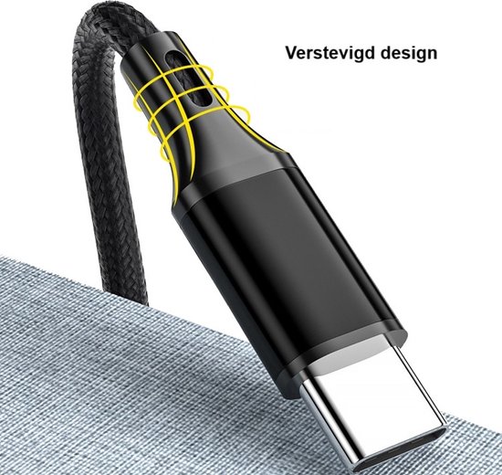 Zwarte gevlochten USB-C kabel met verstevigd, zwart en zilver gekleurd uiteinde. Gele lijnen markeren de versteviging.