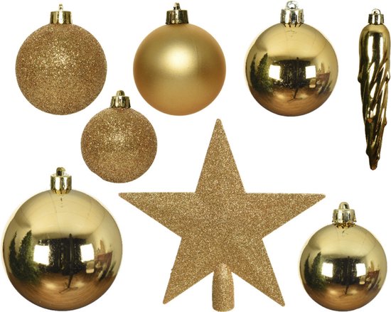 Décorations de Noël de Noël Boules de Noël en plastique or 5-6-8 cm paquet de 45x pièces - Avec étoile en plastique de 19 cm