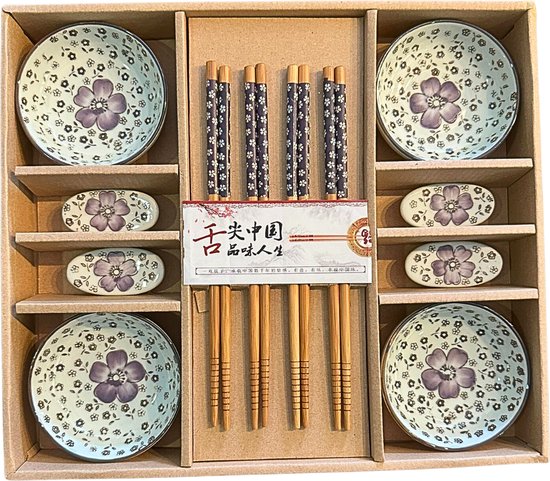 Winkrs - Sushi set voor 4 personen Paars - Keramiek Japans servies; kommetjes, bamboe eetstokjes en opleggers voor stokjes