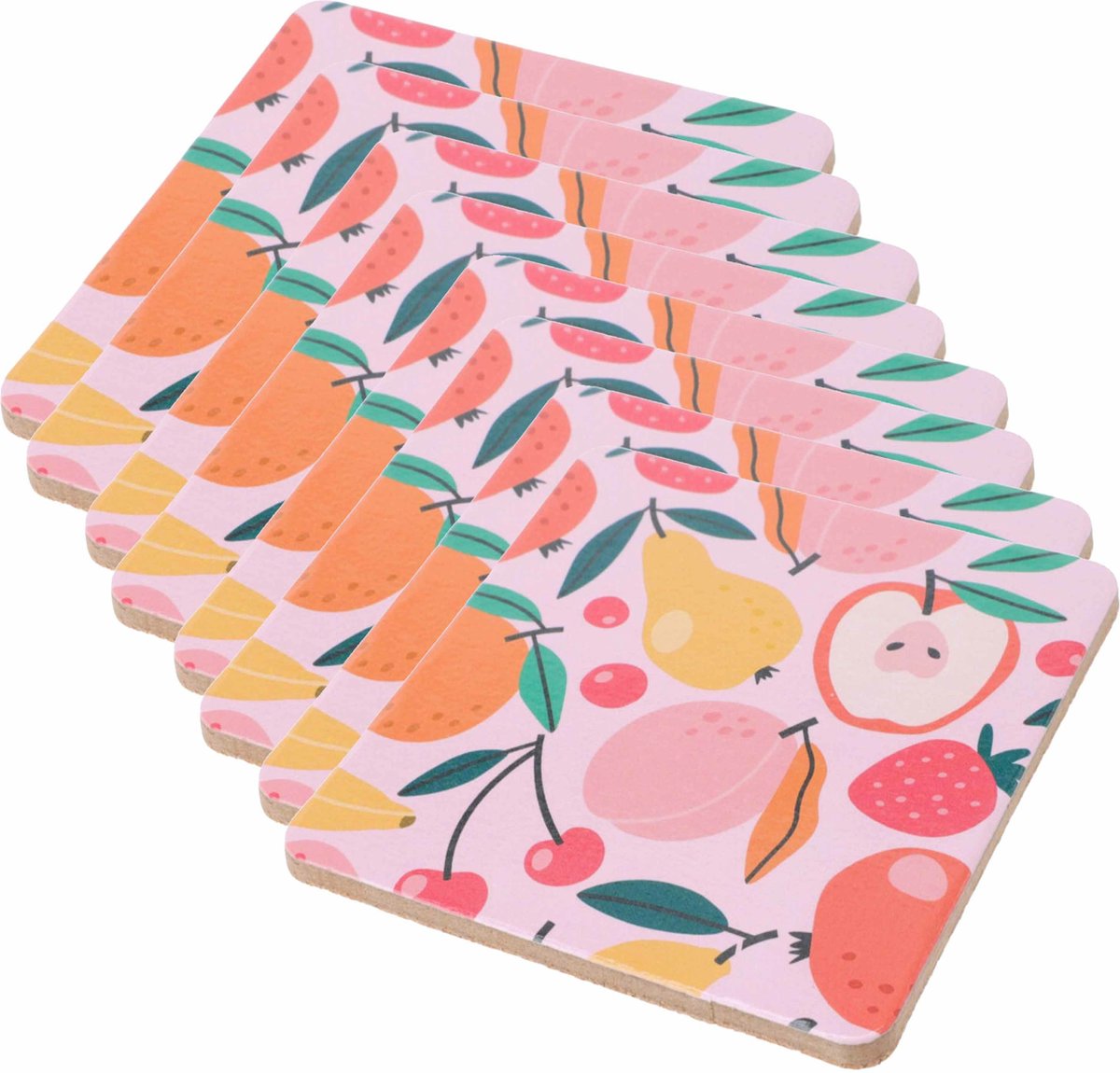 Onderzetters voor glazen - 12x - tropical fruit - roze - hout - 10 x 10 cm