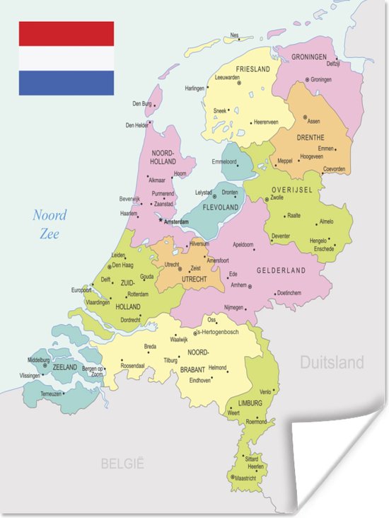 Poster - Pastel gekleurde kaart van Nederland