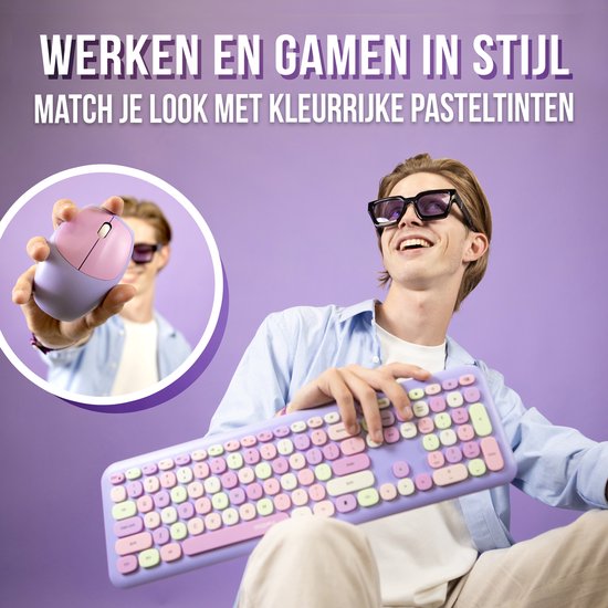 Toetsenbord en Muis Set QWERTY Retro - Draadloos - USB- C-- Stil Toetsenbord - Retro Paars - Gaming Toetsenbord - Silvergear