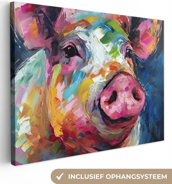 Canvas schilderij 80x60 cm - Wanddecoratie Varken - Olieverf - Dieren - Kunst - Muurdecoratie woonkamer - Slaapkamer decoratie - Kamer accessoires - Schilderijen op canvas