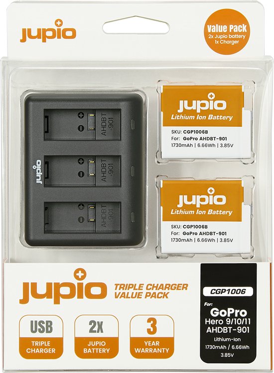 Jupio Value Pack: 2x Enduro Battery GoPro HERO 9 | HERO 10 | HERO 11 - SPBL1B/AHDBT-901 1730mAh + Compact USB Triple Charger