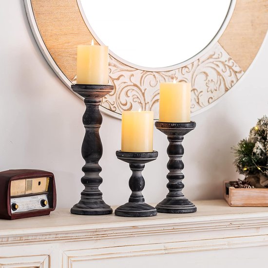 SAMHITA Set van 3 houten kandelaars, handgesneden decoratieve kandelaar voor woonkamer of tafel middelpunt