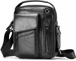 Kleine Leren schoudertas Heren / Dames - Sling bag - Mannen tasje - Crossbodytas - Echt Leer Zwart