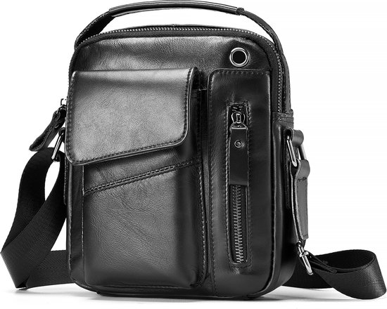 Kleine Leren schoudertas Heren / Dames - Sling bag - Mannen tasje - Crossbodytas - Echt Leer Zwart