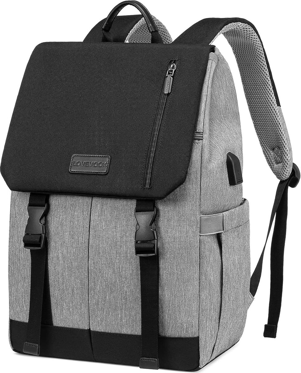 Laptop rugzak 15.6 inch - Grijs/zwart - USB-oplaadpoort - 28 x 14 x 44 - Rugzak met 5 vakken - Werk, school, kantoor - Waterbestendig