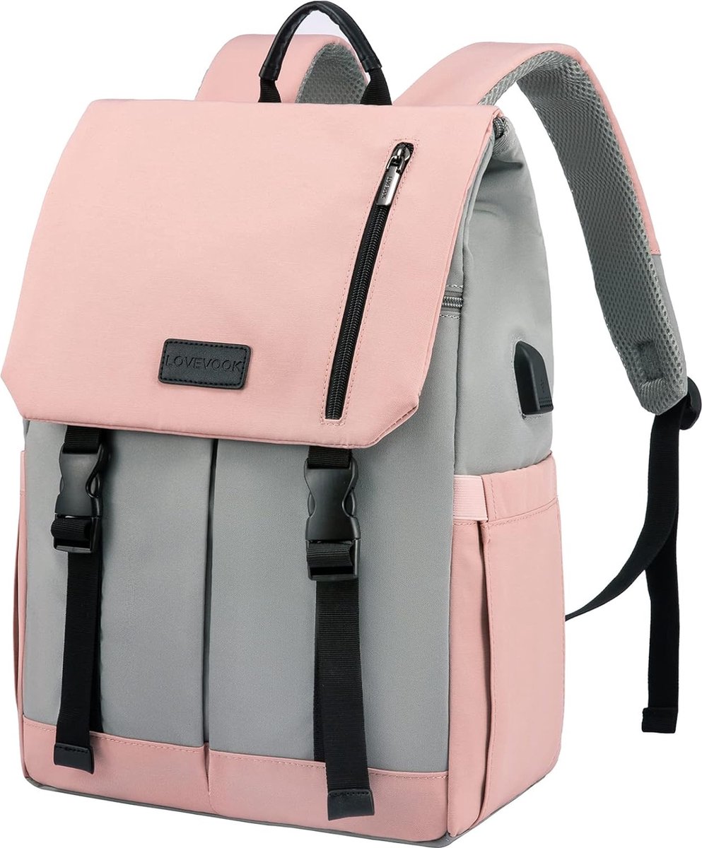 Laptop rugzak 15.6 inch - Grijs/roze - USB-oplaadpoort - 28 x 14 x 44 - Rugzak met 5 vakken - Werk, school, kantoor - Waterbestendig
