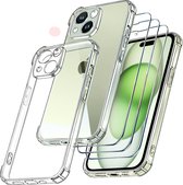 Hoesje Geschikt voor iPhone 15 – transparant Anti Shock silicone hoesje – Met glazen Screenprotector – 3 pack