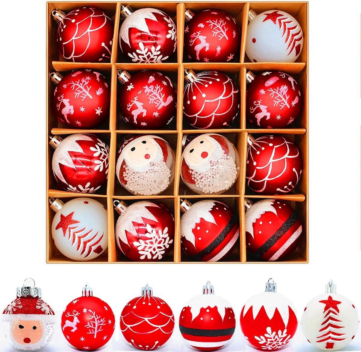 Kerstballen, set van 16, 6 cm kunststof kerstballen, kerstboomversieringen met hanger, onbreekbare kunststof kerstballenset