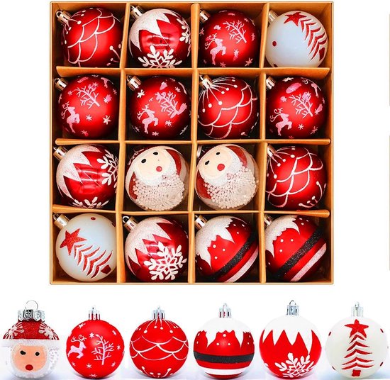 16 Boules De Noël Incassables - 6 Cm - 4 Modèles Rouge & Or - Déco Sapin Et Intérieur