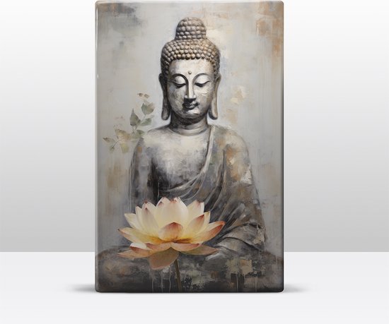 Buddha met bloemen - Laqueprint - 19,5 x 30 cm - Niet van echt te onderscheiden handgelakt schilderijtje op hout - Mooier dan een print op canvas. - LW514