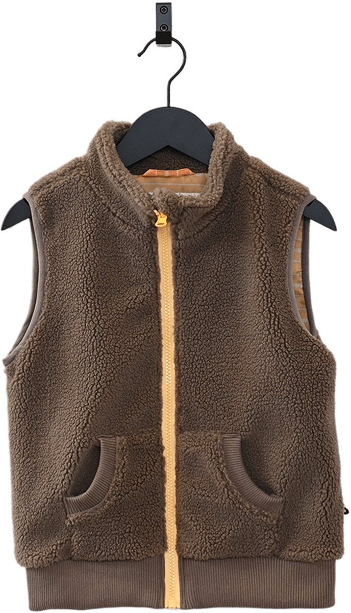 Ducksday - fleece bodywarmer voor kinderen - teddy sherpa - unisex - taupe bruin - geel - maat 110/116