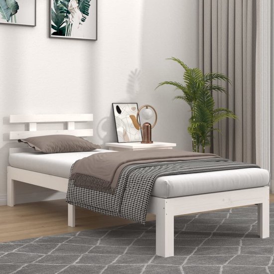 The Living Store Houten Bedframe - Eenpersoonsbed - 195.5 x 93.5 x 69.5 cm - Hoogwaardig massief grenenhout - Stabiel en comfortabel - Wit - Montage vereist - Geschikt voor matras van 90 x 190 cm (niet inbegrepen)