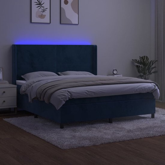 The Living Store Boxspring Dark Blue Velvet - 180x200 cm - LED Lights