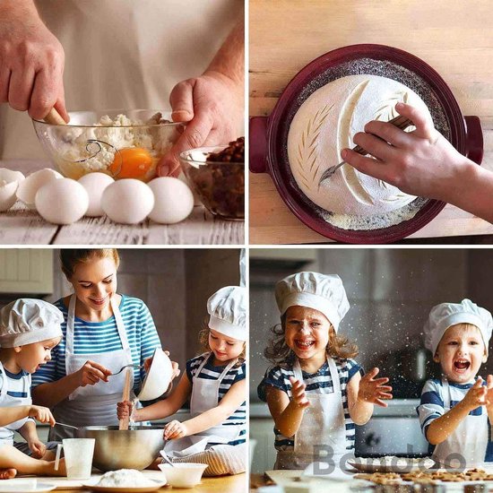 Collage van gezinnen die samen brood bakken, van ingrediënten tot decoratie.