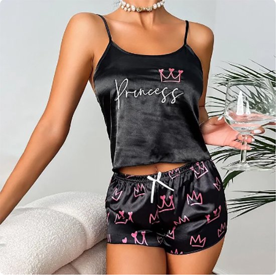 Pyamaset Princess - Topje en Shorts - Zwart/Roze - Nachtmode Dames