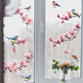 Raamsticker | Vogels Pimpelmees op tak met roze bloemen | Zelfklevend | Verwijderbaar | Tuin | Raamdecoratie | Woonkamer | Huis inrichting | Muurstickers | Dubbelzijdig bedrukt | Stickerkamer®