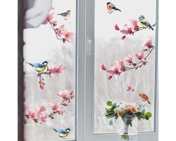 Raamsticker | Vogels Pimpelmees op tak met roze bloemen | Zelfklevend | Tuin | Raamdecoratie | Woonkamer | Huis inrichting | Muurstickers | Dubbelzijdig bedrukt | Stickerkamer®