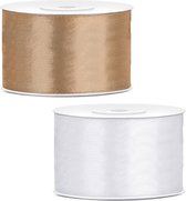 Rubans décoratifs/rubans cadeaux/rubans de satin - Set 2x pièces - or et blanc - 38 mm x 25 mètres