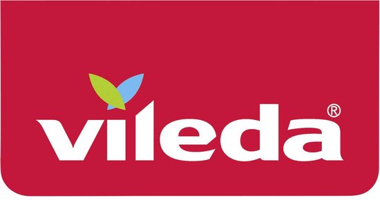 Vileda logo op rode achtergrond met groene en blauwe blaadjes.