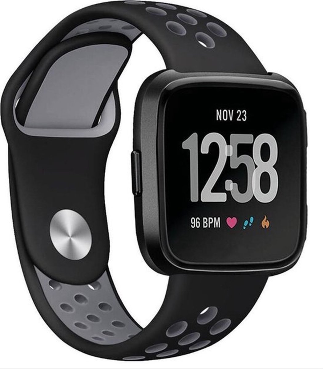 Shop4 - Geschikt voor Fitbit Versa 2 Bandje - Siliconen Zwart Grijs