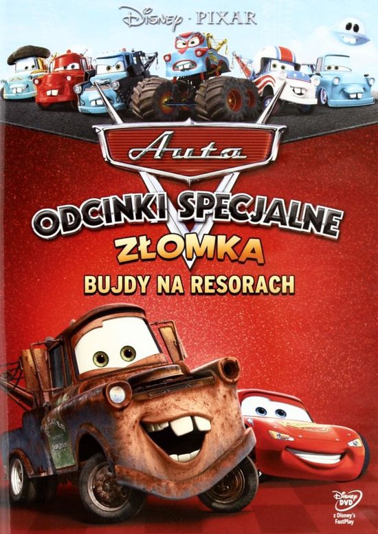 Disney Pixar Auto's: Odcinki Specjalne Złomka Bujdy Na Resorach DVD cover met meerdere auto's waaronder Takel en Bliksem McQueen.
